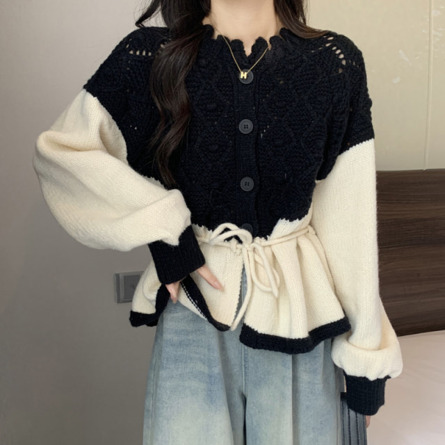 Large size sweet hollow stitching contrasting sweater coat women's autumn and winter niche chic lace-up waist knitted cardigan trendy