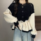 Large size sweet hollow stitching contrasting sweater coat women's autumn and winter niche chic lace-up waist knitted cardigan trendy
