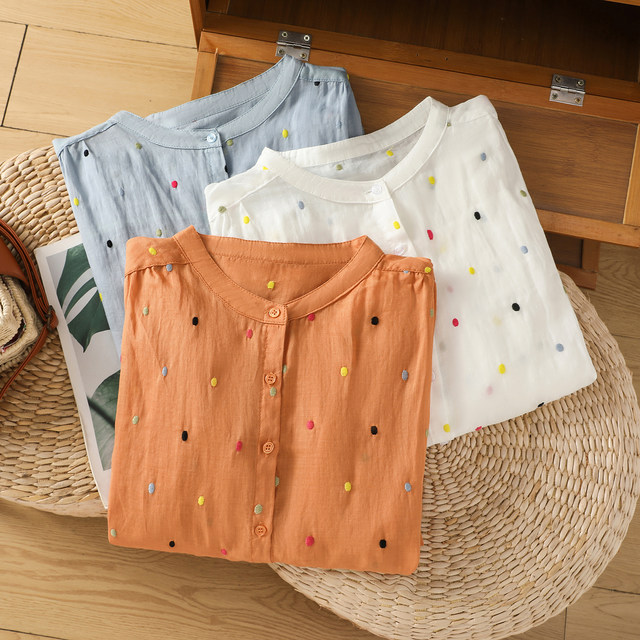 2025 summer new style fresh colorful polka dot embroidered shirt for women age-reducing temperament stand-alone collar ramie mid-sleeved shirt