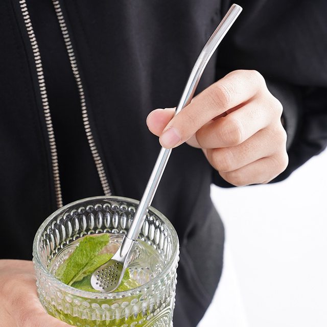 Extended straw spoon stainless steel milk tea mixing and filtering all-in-one dual-use environmentally friendly coarse metal non-disposable