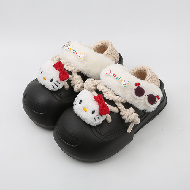 SUNNYCOLOR cute round toe cotton shoes for women to wear winter removable plush warm thick bottom bag heel cotton slippers