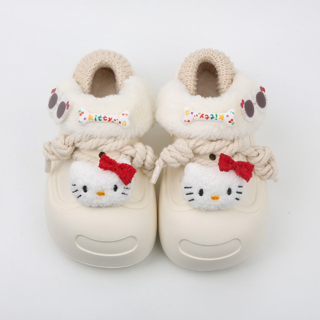 SUNNYCOLOR cute round toe cotton shoes for women to wear winter removable plush warm thick bottom bag heel cotton slippers