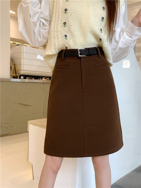Autumn and winter khaki woolen skirt plus size high-waisted a-line mid-length skirt slimming versatile short skirt one-step hip-covering skirt