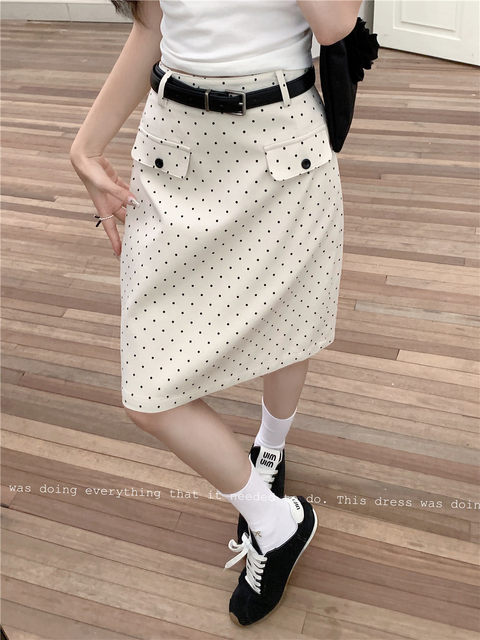 White polka dot skirt pear-shaped body high waist mid-length skirt large size A-line skirt covering hips mid-skirt making it look slim and hip-packing skirt