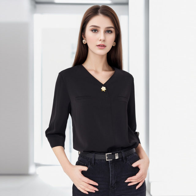 Lusi Belle Black Shirt 2025 New Women's Chiffon Cropped Sleeve Shirt Fashion V-neck Professional Commuter Shirt