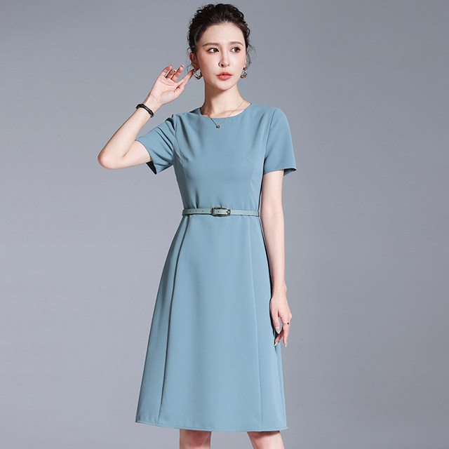 Women's Summer Cotton Linen Dress - Mid-Length, Short Sleeve, Loose Fit With Lace-Up, Blue Medium
