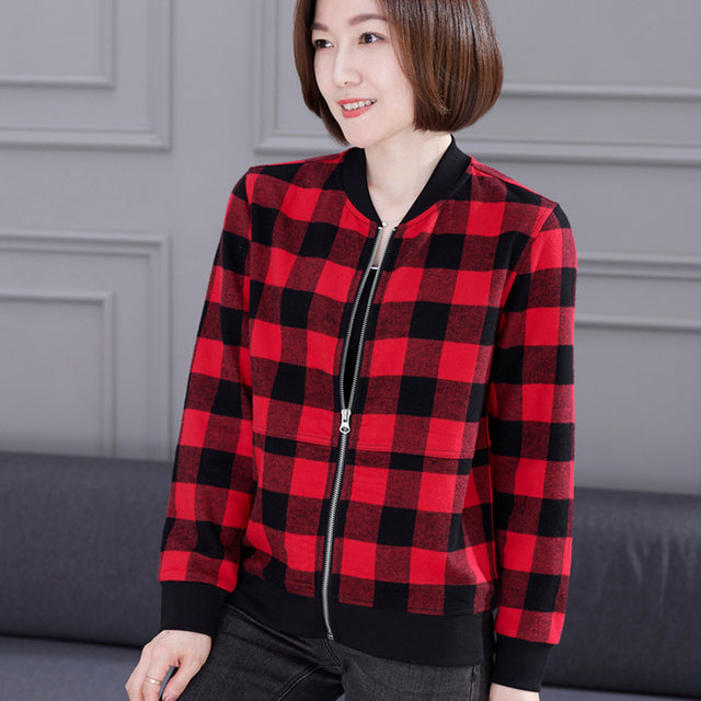 All cotton yellow plaid casual short jacket for women spring and autumn pure cotton large size women's loose baseball uniform sports zipper cardigan