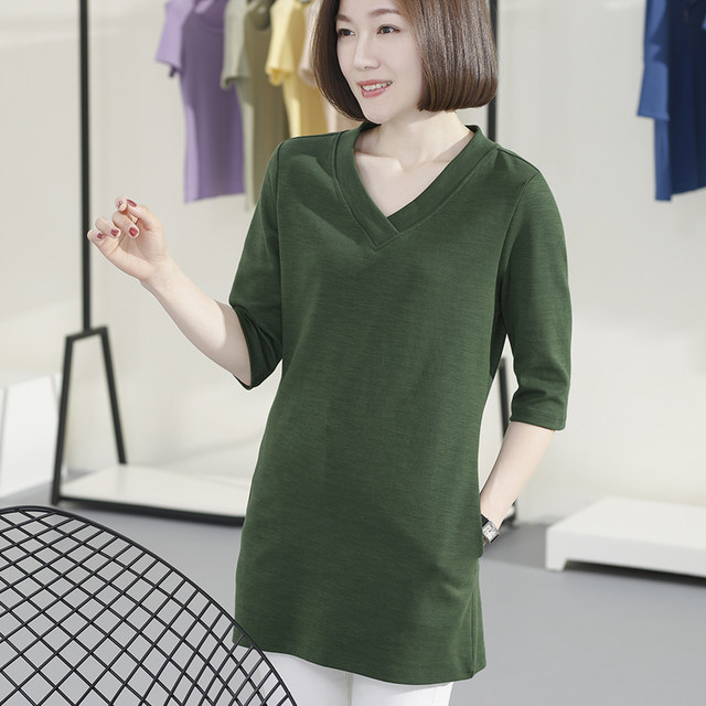 Loose bamboo joint cotton V-neck black quarter sleeve T-shirt women's mid-length pure cotton mid-sleeved top pocket T-shirt base shirt