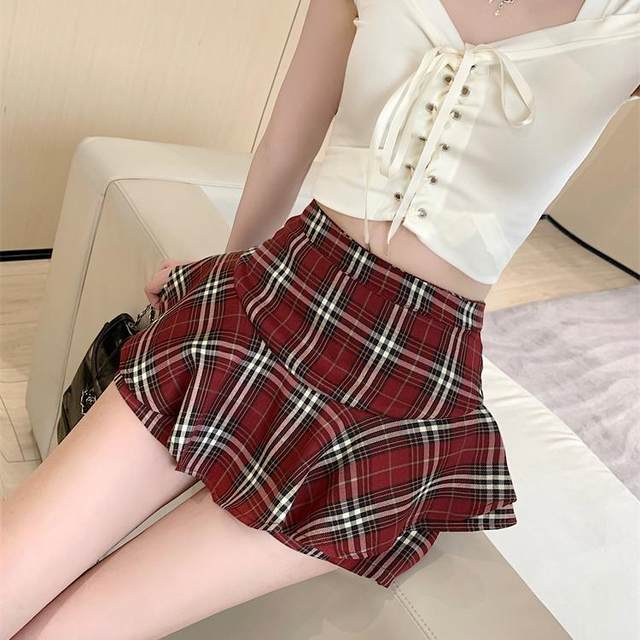2025 spring and summer high waist slim retro plaid temperament versatile skirt large size design ruffled short skirt
