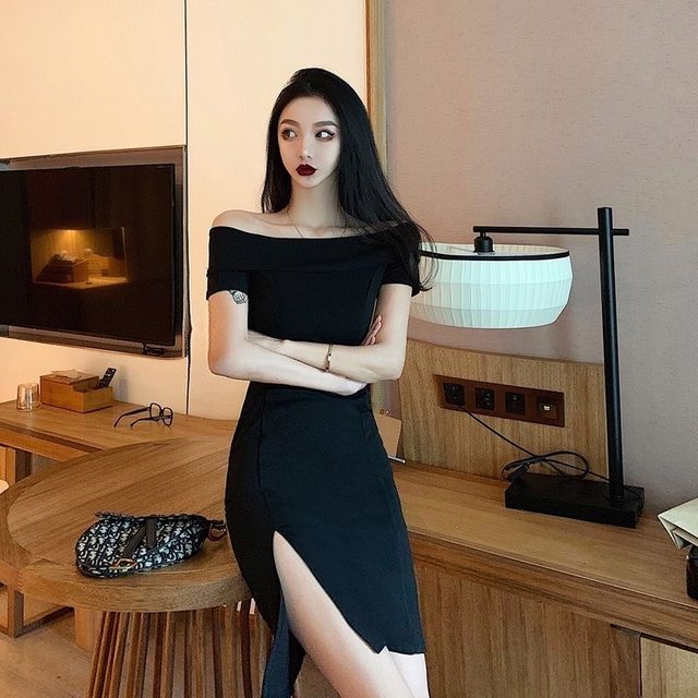 Hepburn wind side split, a black dress, a black dress female slim sexy ...