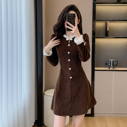 Small corduroy dress woman late autumn and winter retro senior sense waist thin fake two cheongsam skirt