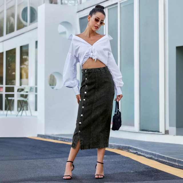 Women's button irregular slit denim high waist long skirt