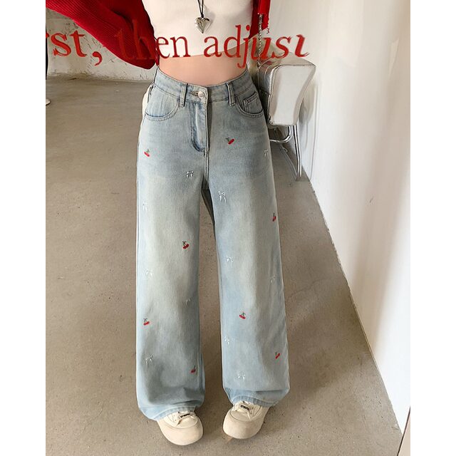 Xiaojijia large size women's spring clothing new fat mm embroidered straight wide-leg jeans high waist draped floor trousers
