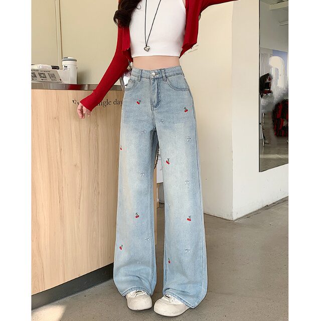 Xiaojijia large size women's spring clothing new fat mm embroidered straight wide-leg jeans high waist draped floor trousers
