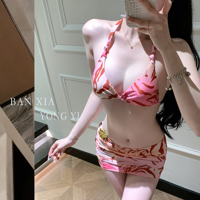 European and American sexy hotties bikini three-piece set with small breasts gathered and slim skirt style split swimsuit seaside resort hot spring