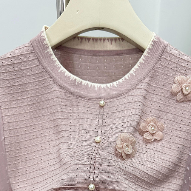 Middle-aged mother autumn fashion knitted top round neck three-quarter sleeve T-shirt young middle-aged and elderly women wearing small shirts