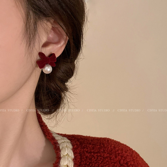 Earrings 2025 new popular high-end red earrings for women with bow earrings ear clips without ear piercings New Year bride