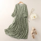 Dress in summer female seven -point sleeve literary cotton and linen fashion printed long skirt large size loose waist thin A -line skirt
