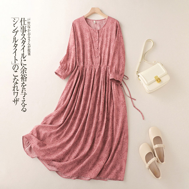 Dress in summer female seven -point sleeve literary cotton and linen fashion printed long skirt large size loose waist thin A -line skirt
