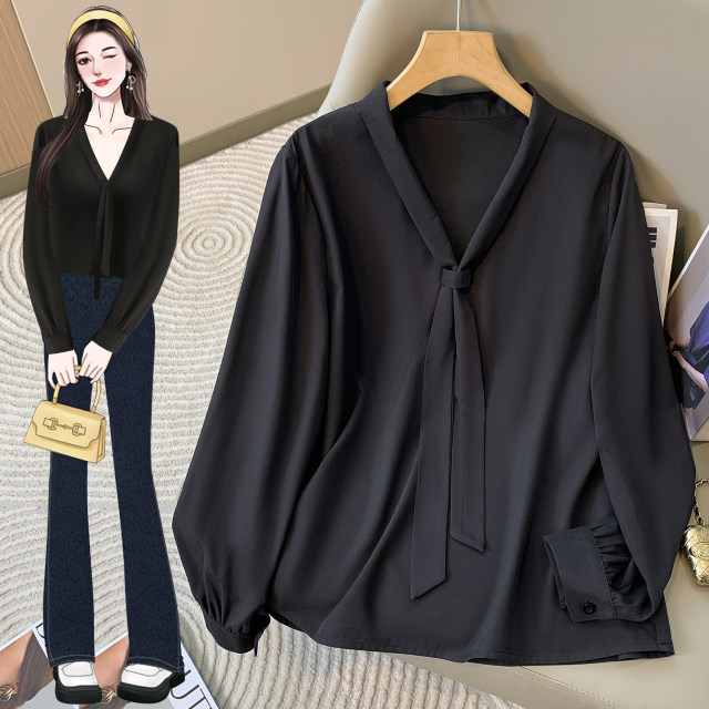 White chiffon bow shirt women's long-sleeved summer thin style large size fat MM200Jin [Jin equals 0.5 kg] design sense professional top