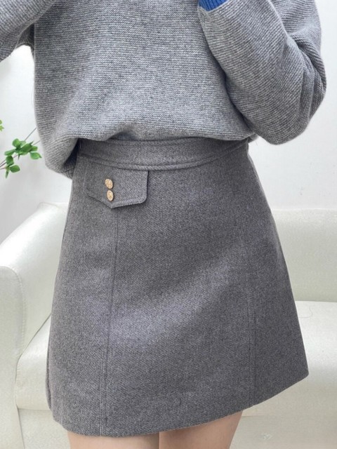 Gray high waist thin hair Model skirt women's autumn and winter A -line skirt temperament large size anti -free light skirt
