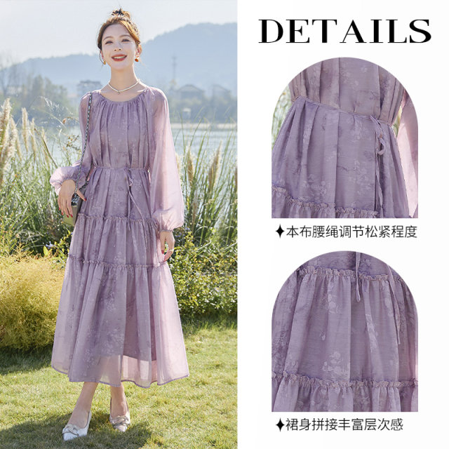 Cypress House round neck tea skirt 2025 spring new women's fashion retro splicing slim long-sleeved dress