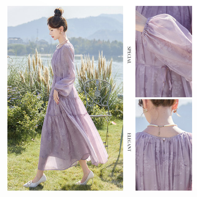 Cypress House round neck tea skirt 2025 spring new women's fashion retro splicing slim long-sleeved dress