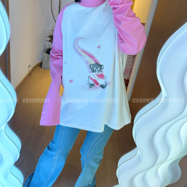 we11doneshark Song Zuer and Cecilia Cheung Pink Rainbow Love Bear Print Vagrant Sleeve Cartoon Long Sleeve T
