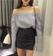 Korean sexy off-shoulder vertical striped one-length elastic shirt top for women buttons with micro trumpet slit sleeve shirt