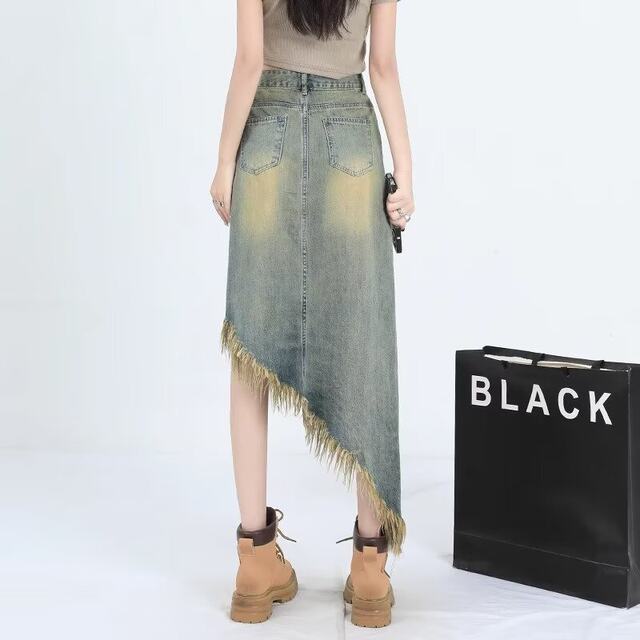 2024 new summer irregular furrowed denim skirt for women with old design versatile mid-length skirt