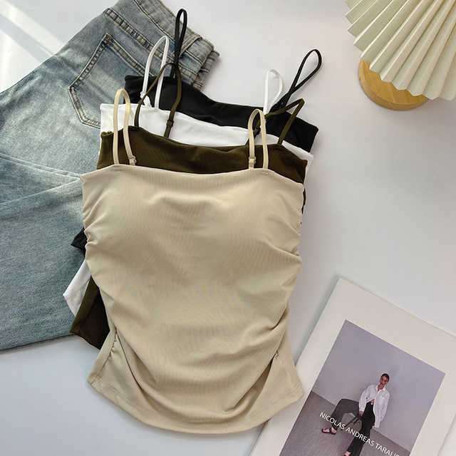 White small suspender vest for women with inner summer 2025 new beautiful back and outer wear with chest pad pleated waist base top