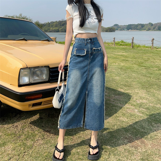 Summer new large size split denim skirt fat MM mid -length high -waist versatile A -line skirt shows thin bag hip skirt