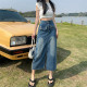 Summer new large size split denim skirt fat MM mid -length high -waist versatile A -line skirt shows thin bag hip skirt
