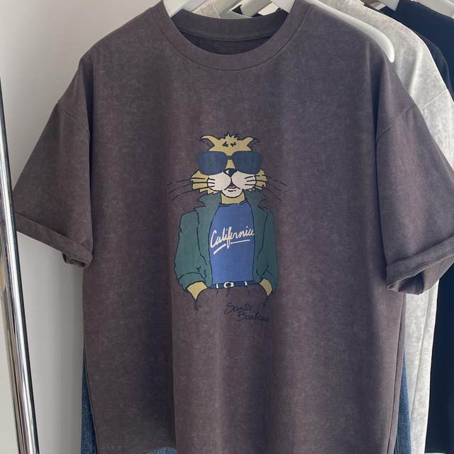 25 summer new tie-dyeing craft cartoon printed sunglasses cat loose round neck women short-sleeved cotton T-type top