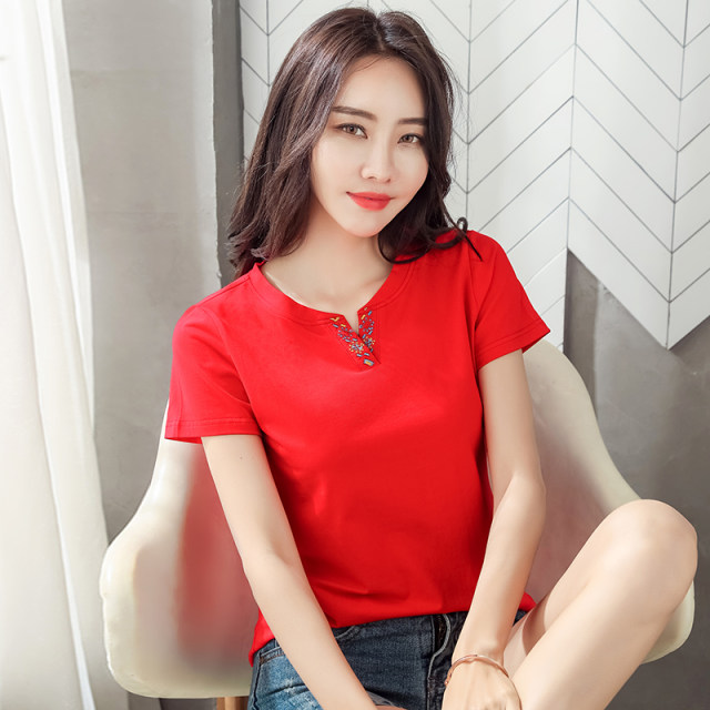 2025 summer new pure cotton embroidered V-neck short-sleeved top for women's retro ethnic style slim slim T-shirt large size