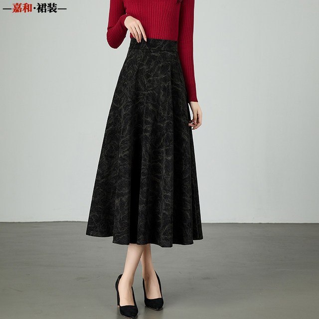 Autumn and winter new retro high-waisted skirt black ink print long skirt A-line skirt slim mid-length skirt