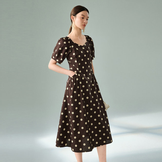 Sweet puff sleeve A-line tea skirt MOFAN 2025 summer new lady cafe and slim dress