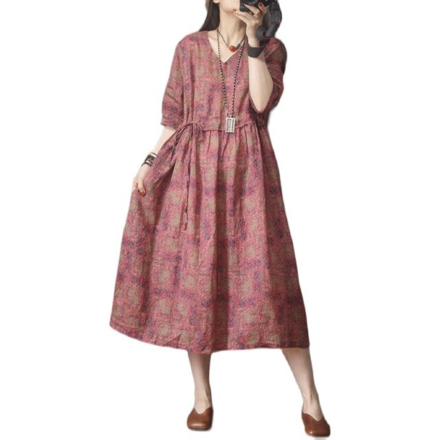 
Blue and white porcelain printed ramie mid-length dress for women, new summer short-sleeved V-neck loose waist-hugging temperament skirt