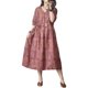 
Blue and white porcelain printed ramie mid-length dress for women, new summer short-sleeved V-neck loose waist-hugging temperament skirt