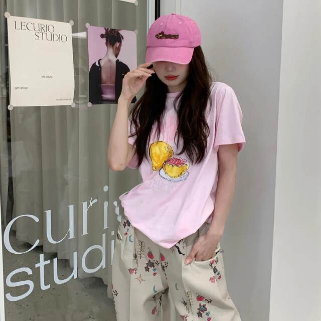 Age-reducing cat print pattern pink pomegranate round neck pure cotton short-sleeved T-shirt for women 2025 new letter top