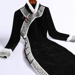 Qi Wei improved black cheongsam winter new 2023 young high-end temperament elegant thick long-sleeved dress