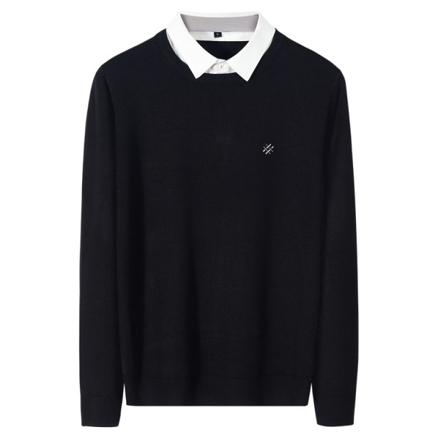Fake two-piece sweater for men in autumn and winter, men's customized work inner layer, men's sweater top with shirt collar