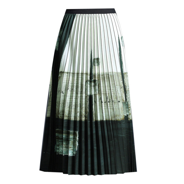 Printed pleated skirt A-line skirt 2025 spring and summer high waist stylish mid-length large hem skirt Chinese style horse-face skirt
