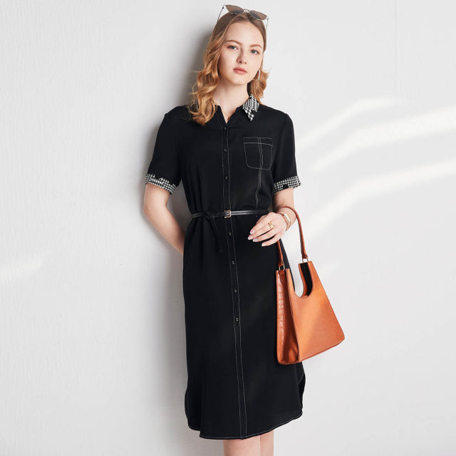 Palo Sang Silk Women's Skirt 24 Spring and Summer New Polo Collar Houndstooth vintage Print Short Sleeve Mulberry Silk Dress
