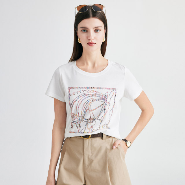 Paro mulberry silk simple commuting tinel round neck straight shoulder white cartoon Japanese version printed short-sleeved women's T-shirt

