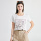 Paro mulberry silk simple commuting tinel round neck straight shoulder white cartoon Japanese version printed short-sleeved women's T-shirt
