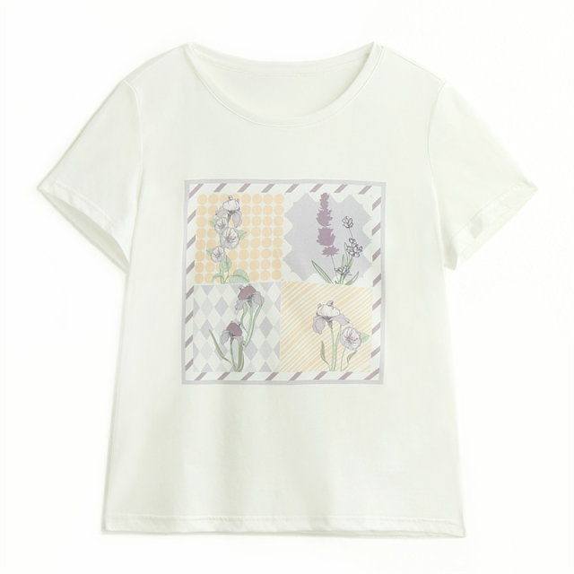 Paro mulberry silk simple commuting tinel round neck straight shoulder white cartoon Japanese version printed short-sleeved women's T-shirt
