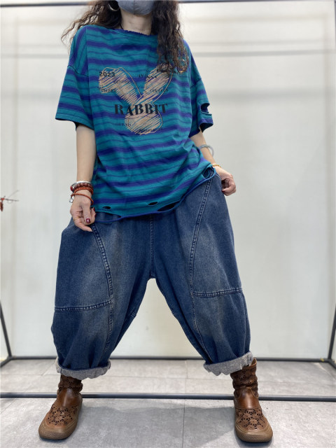 Spring and summer new blue large size short -size T -shirt female short cotton cotton version of the Korean version of the round collar lady