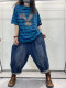 Spring and summer new blue large size short -size T -shirt female short cotton cotton version of the Korean version of the round collar lady