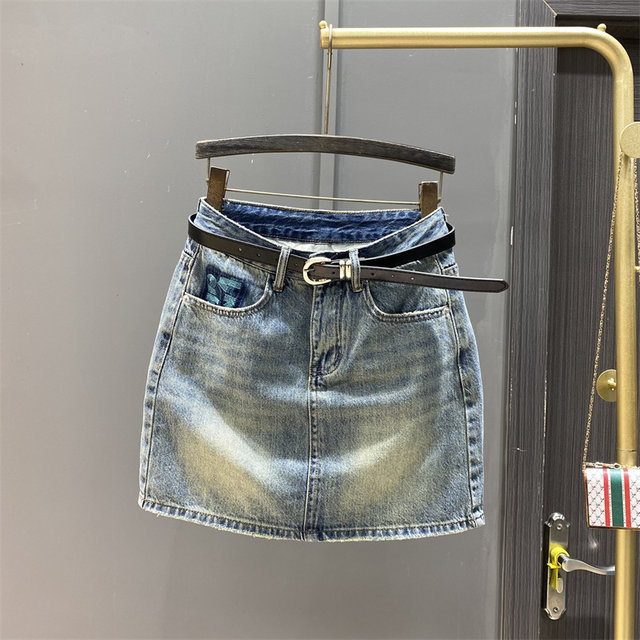 Retro contrast color pocket high waist denim skirt for women in summer embroidery design to make them look slim A-line hip-pack skirt